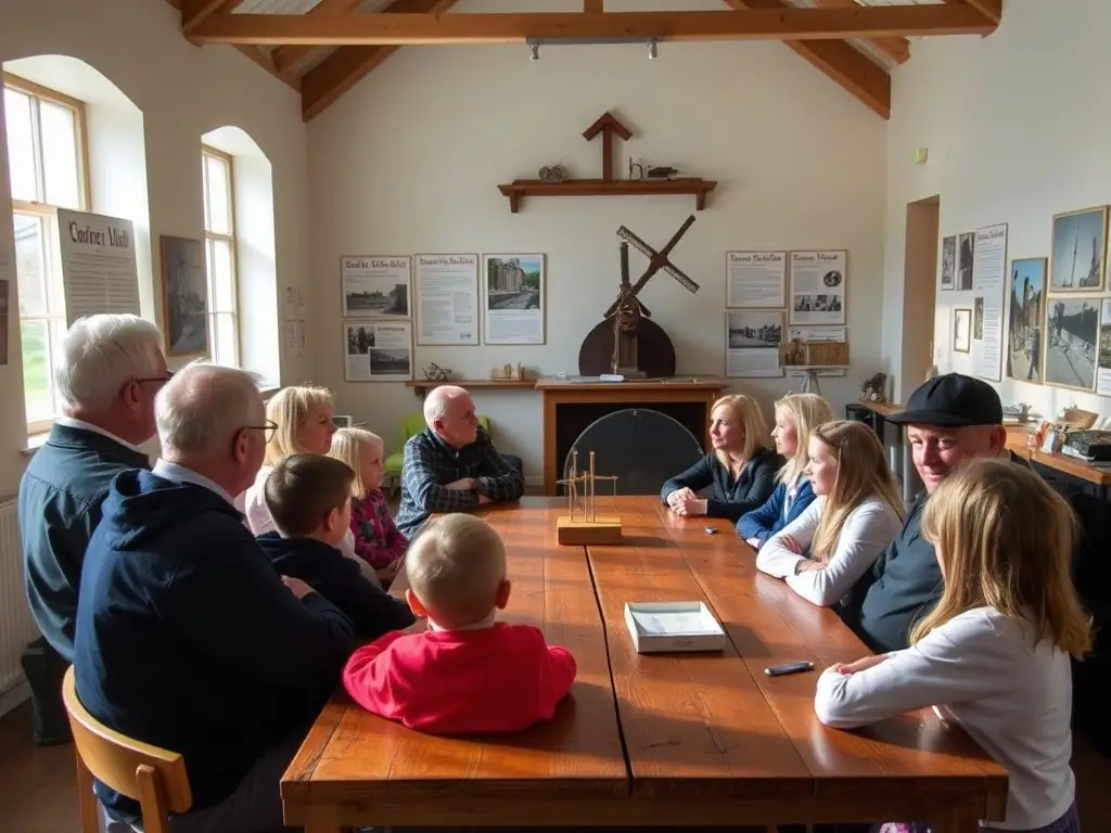 A group of people participating in a workshop about the history of the tidal mill.