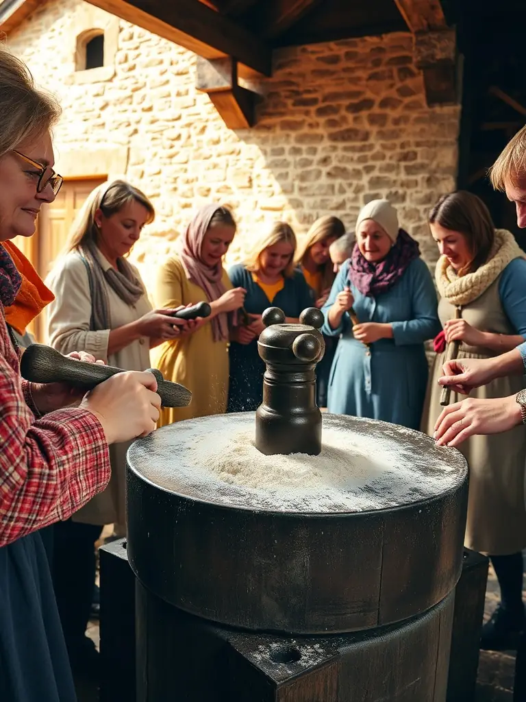 A photograph capturing participants actively involved in a traditional milling demonstration at the Moulin du Birlot during a cultural heritage event.