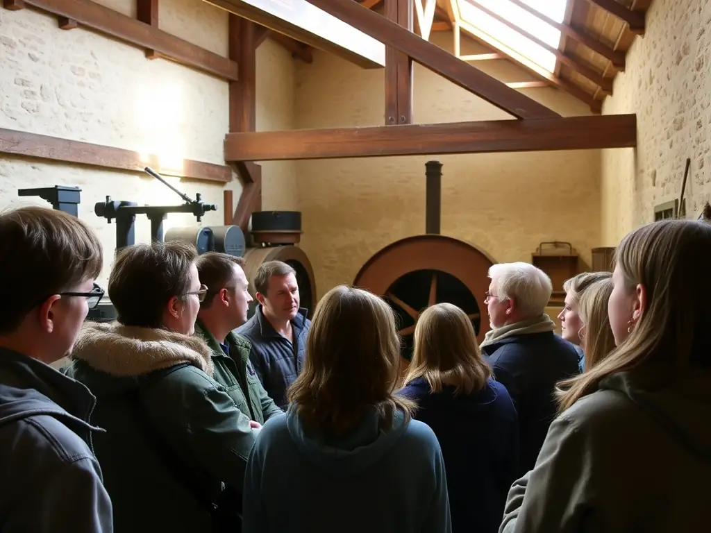 A class of students on an educational visit to the tidal mill, listening attentively to a guide explaining the mill's history and mechanics.