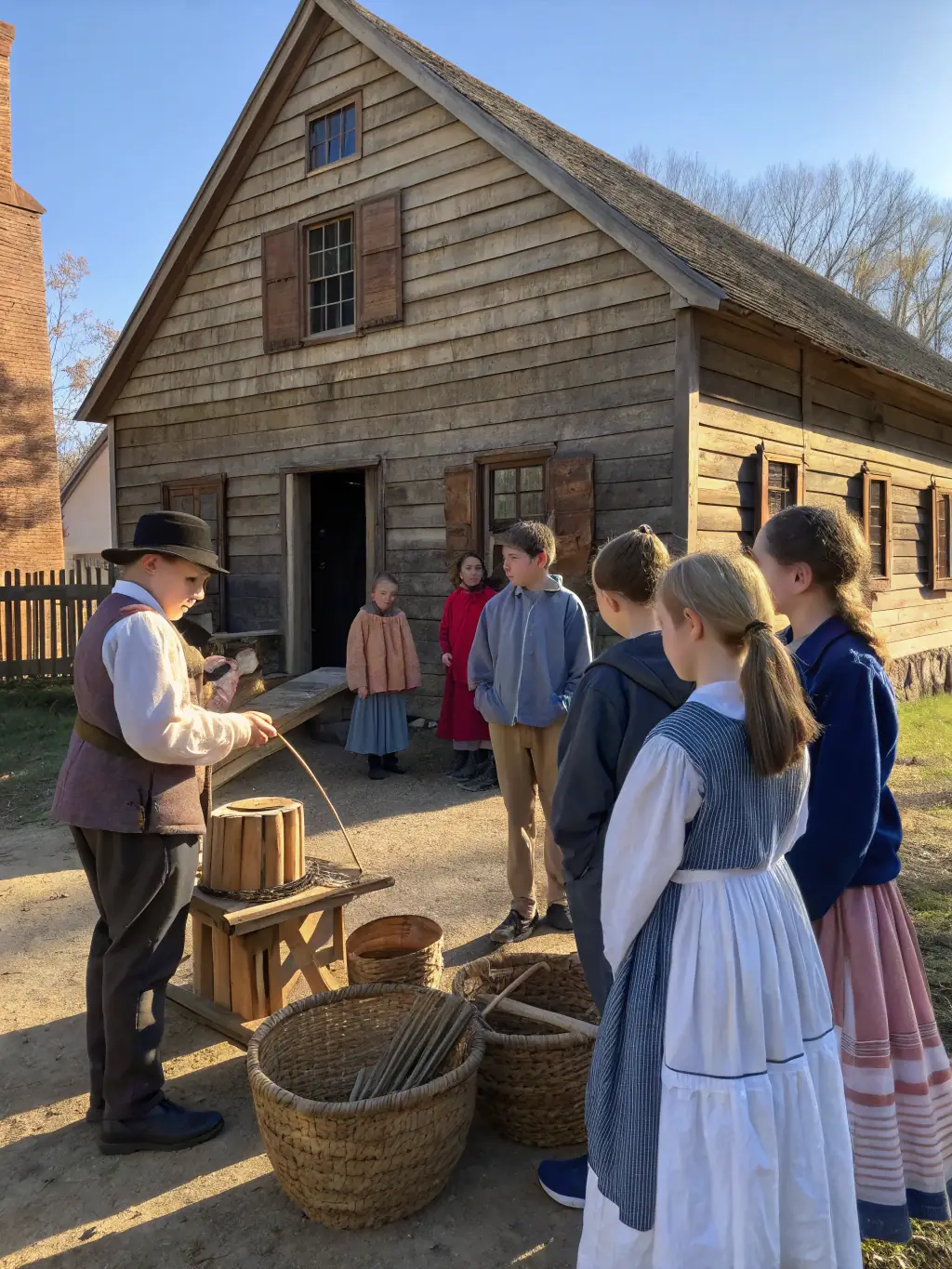 A group of students on an educational visit to the Moulin du Birlot, listening attentively to a guide explaining the mill's history and mechanics.