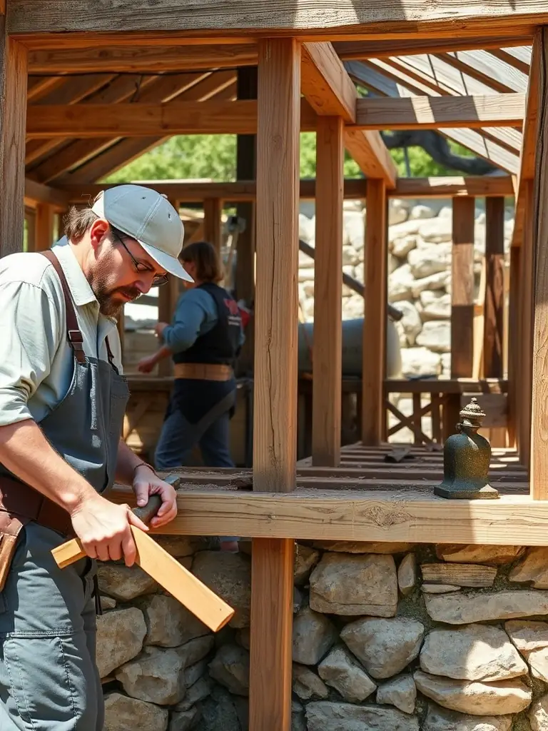 Volunteers working on the restoration of the Moulin du Birlot, carefully repairing the wooden structure with traditional tools and techniques.