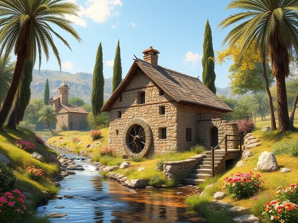 A photo of a historical tidal mill during a sunny day.